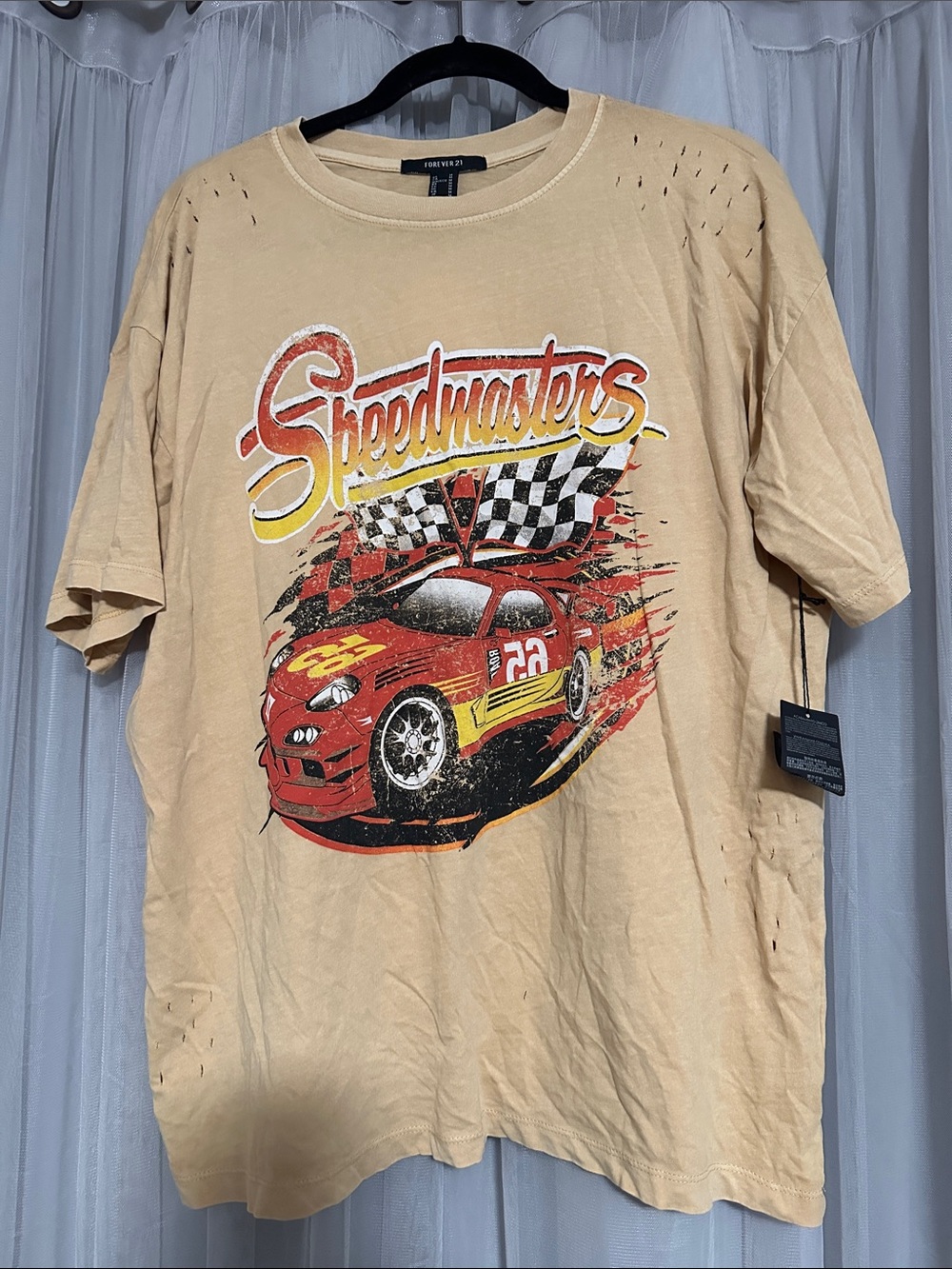 Forever 21 Beige Short Sleeve Speedmasters Graphic Tee with Red Car